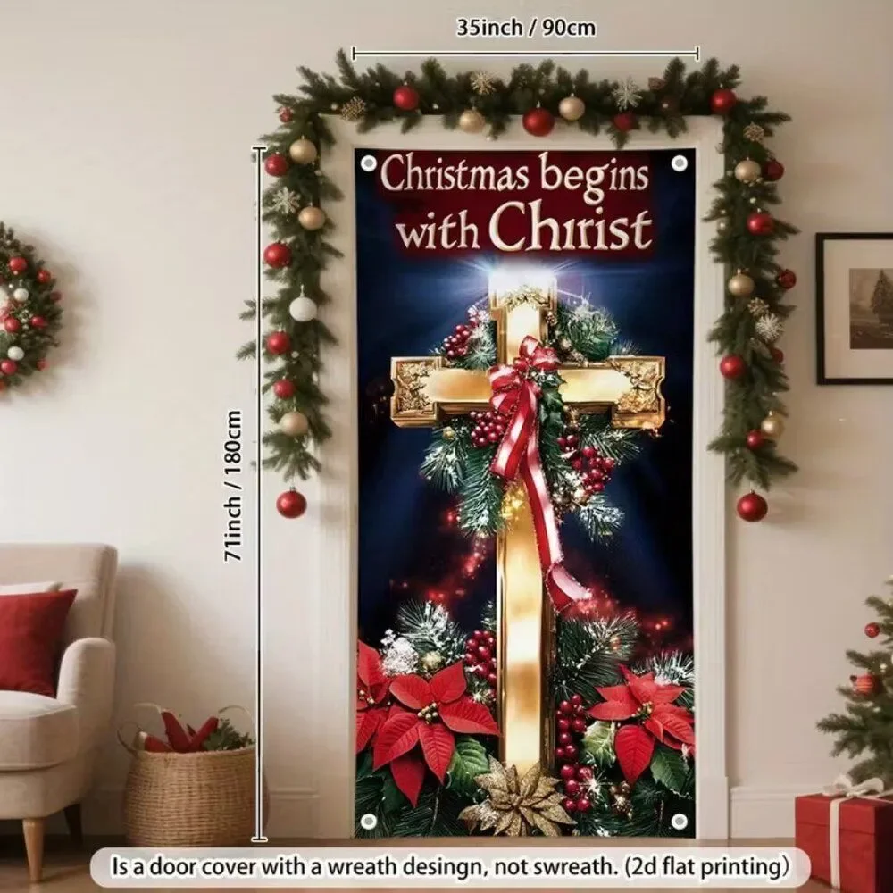 71 x 35 2D Holiday Door Banner Festive Christmas Begins with Christ Decor